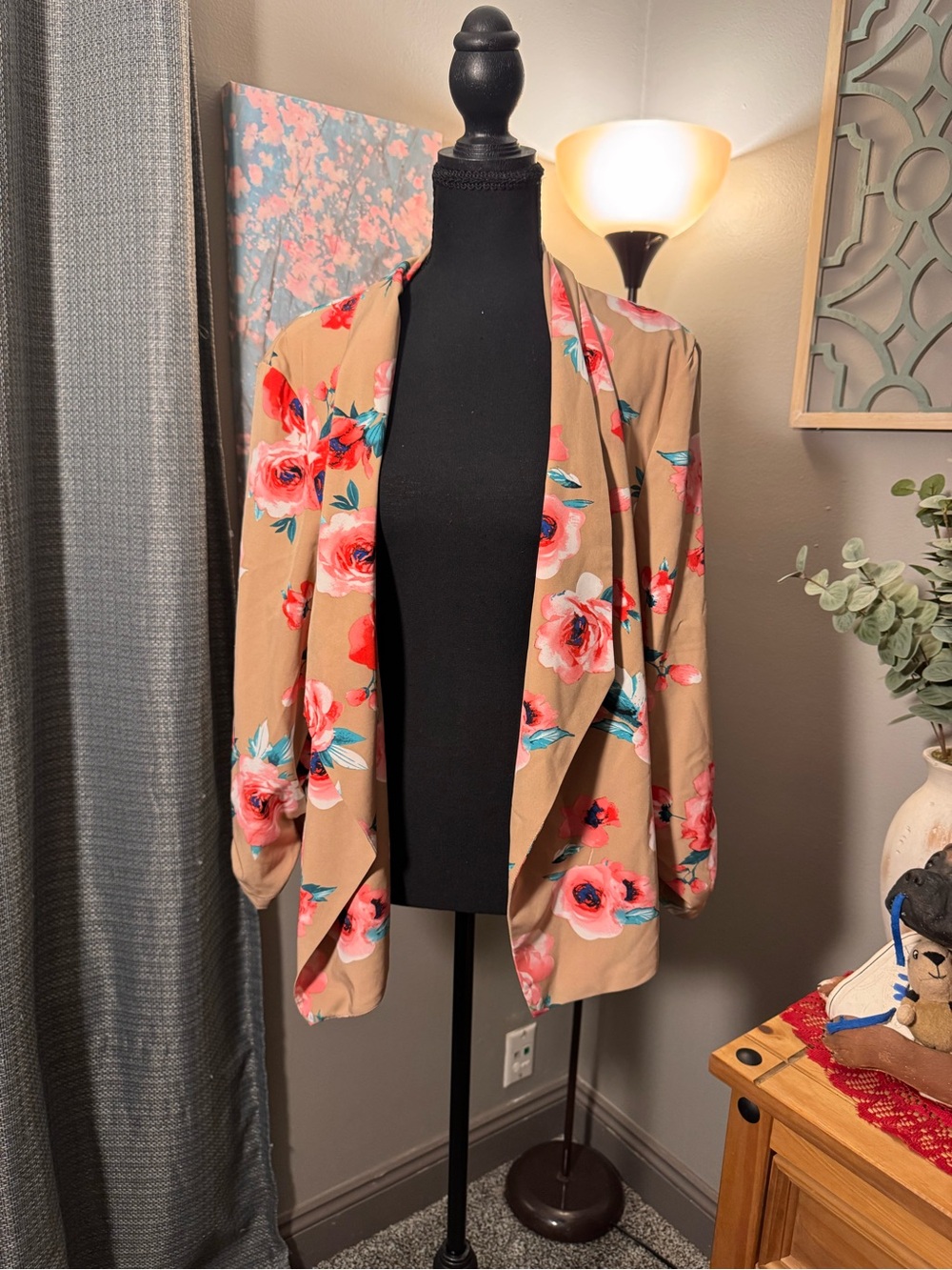 Floral Open-Front Blazer Jacket in Camel Pink